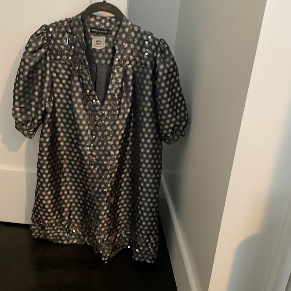 Antik Batik puff sleeve tunic dress with sequin and crystal adornments. Size L.